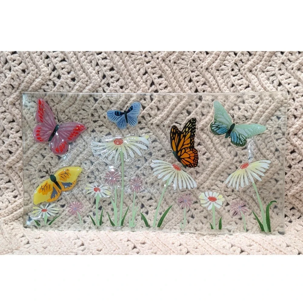 Wm McGrath Signed Fused Glass Butterfly Daisy Garden Rectangular Tray 15